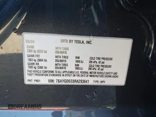 2024 Tesla Model Y Long Range with VIN 7SAYGDEE8RA293641, listed as a IAAI auction lot 41891018 with 7,341 mi miles and . Bid and sale history available at DreamBid. Image 9.