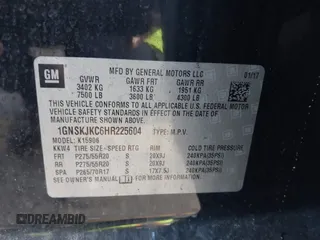 2017 Chevrolet Suburban Premier with VIN 1GNSKJKC6HR225604, listed as a IAAI auction lot 40962301 with Not Provided miles and . Bid and sale history available at DreamBid. Image 9.