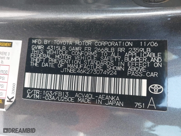 2007 Toyota Camry CE with VIN JTNBE46K273074924, listed as a IAAI auction lot 41598508 with 85,469 mi miles. Bid and sale history available at carsss.com. Image 9.