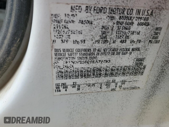 2002 Ford F-250 XL with VIN 1FTNW20F02EA79793, listed as a Copart auction lot 84667074 with Not Provided miles and Salvage Title. Bid and sale history available at DreamBid. Image 14.
