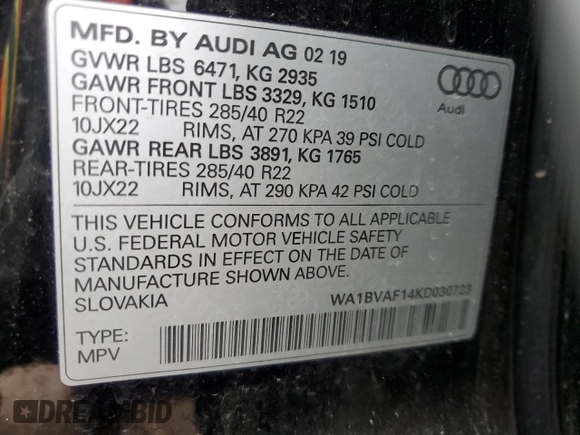 2019 Audi Q8 Premium Plus with VIN WA1BVAF14KD030723, listed as a Copart auction lot 47073725 with 70,628 mi miles and Salvage Title. Bid and sale history available at carsss.com. Image 14.