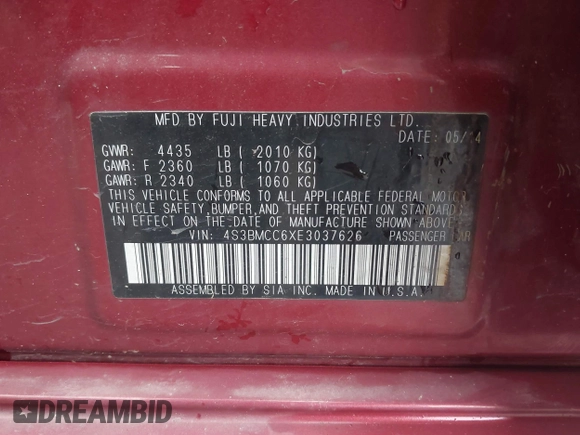 2014 Subaru Legacy Premium с VIN 4S3BMCC6XE3037626, выставлен на аукционе IAAI как лот 42128639 с пробегом 145 723 миль миль и . История ставок и продаж доступна на DreamBid. Изображение 9.