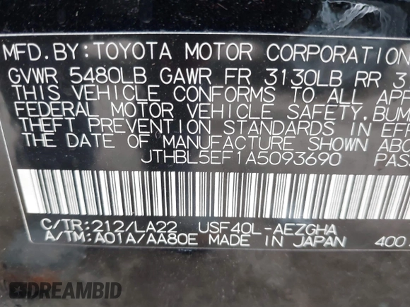2010 Lexus LS 460 with VIN JTHBL5EF1A5093690, listed as a IAAI auction lot 41873176 with 125,809 mi miles. Bid and sale history available at carsss.com. Image 9.