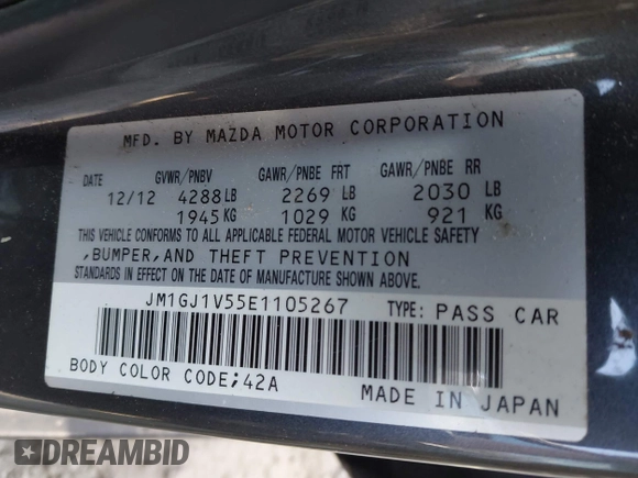 2014 Mazda 6 i Touring with VIN JM1GJ1V55E1105267, listed as a IAAI auction lot 41983743 with 159,266 mi miles. Bid and sale history available at carsss.com. Image 9.