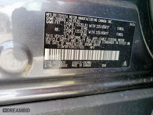 2024 Toyota RAV4 XLE with VIN 2T3W1RFV2RC277693, listed as a Copart auction lot 50374625 with 23,102 mi miles and Salvage Title. Bid and sale history available at carsss.com. Image 13.