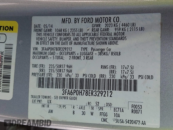 2014 Ford Fusion SE with VIN 3FA6P0H78ER329212, listed as a IAAI auction lot 41878906 with 117,184 mi miles. Bid and sale history available at carsss.com. Image 9.