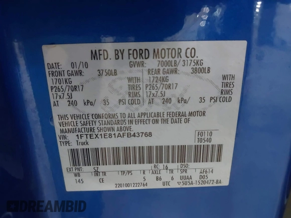 2010 Ford F-150 XL с VIN 1FTEX1E81AFB43768, выставлен на аукционе IAAI как лот 42256373 с пробегом 335 103 миль миль и . История ставок и продаж доступна на DreamBid. Изображение 9.