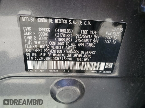 2016 Honda HR-V EX with VIN 3CZRU6H50GM715490, listed as a Copart auction lot 54779655 with 146,239 mi miles and Salvage Title. Bid and sale history available at carsss.com. Image 13.