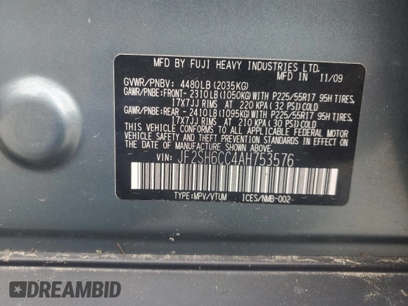 2010 Subaru Forester X Premium with VIN JF2SH6CC4AH753576, listed as a Copart auction lot 65117875 with 94,102 mi miles and Salvage title. Bid and sale history available at DreamBid. Image 13.