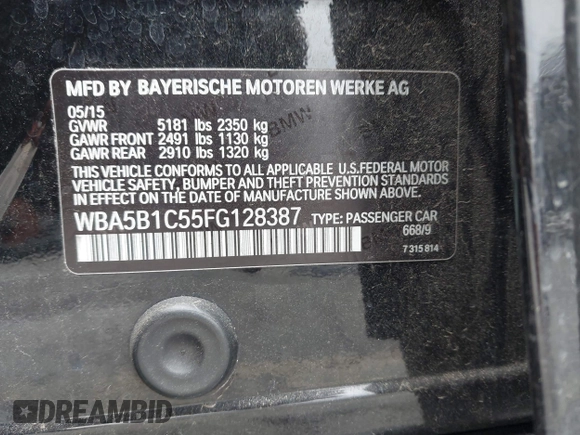 2015 BMW 5 Series 535i with VIN WBA5B1C55FG128387, listed as a IAAI auction lot 41885806 with 94,734 mi miles and . Bid and sale history available at carsss.com. Image 9.