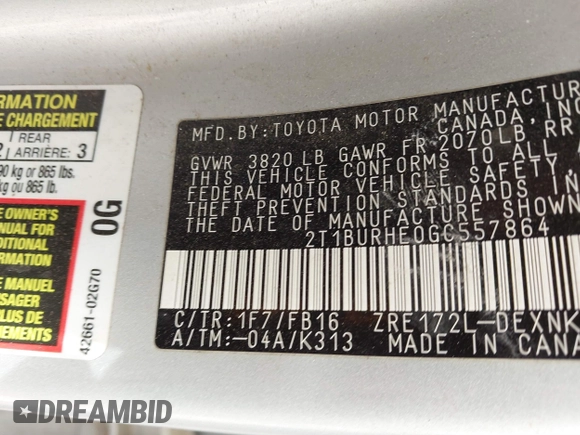 2016 Toyota Corolla L with VIN 2T1BURHE0GC557864, listed as a IAAI auction lot 41807008 with 142,246 mi miles and . Bid and sale history available at DreamBid. Image 9.