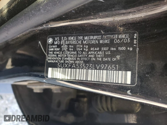 2003 BMW X5 3.0i with VIN 5UXFA53523LV97651, listed as a Copart auction lot 50565265 with 176,188 mi miles and Salvage Title. Bid and sale history available at carsss.com. Image 13.