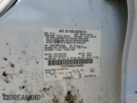 2016 Ford Taurus SE с VIN 1FAHP2D86GG106860, выставлен на аукционе Copart как лот 55793475 с пробегом 109 015 миль миль и Списание • Salvage title. История ставок и продаж доступна на DreamBid. Изображение 12.