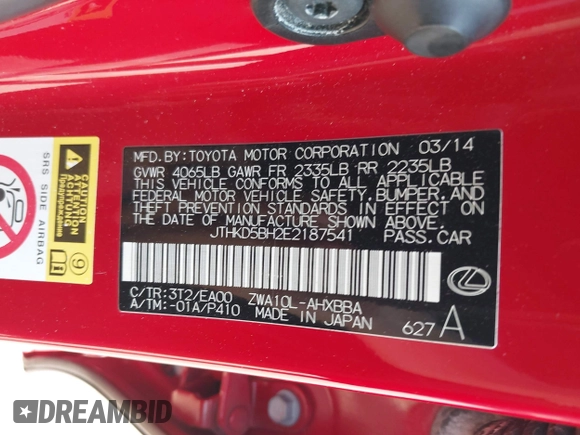 2014 Lexus CT 200h with VIN JTHKD5BH2E2187541, listed as a IAAI auction lot 42435397 with 138,387 mi miles and . Bid and sale history available at DreamBid. Image 9.