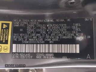 2012 Toyota Highlander Limited with VIN 5TDDK3EH1CS163589, listed as a IAAI auction lot 42598666 with 149,078 mi miles and . Bid and sale history available at DreamBid. Image 9.