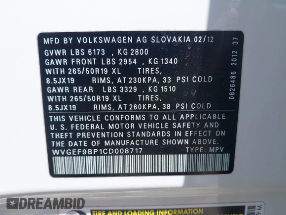 2012 Volkswagen Touareg Sport with VIN WVGEF9BP1CD008717, listed as a IAAI auction lot 42120641 with 211,580 mi miles and . Bid and sale history available at DreamBid. Image 9.