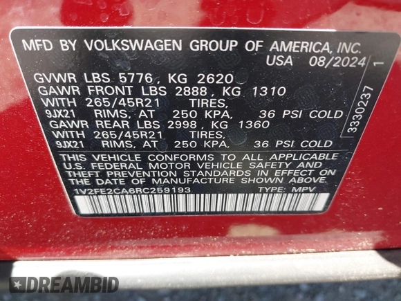 2024 Volkswagen Atlas SEL Premium R-Line с VIN 1V2FE2CA6RC259193, выставлен на аукционе IAAI как лот 42369082 с пробегом 3 024 миль миль и . История ставок и продаж доступна на DreamBid. Изображение 9.