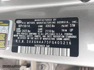 2015 Kia Optima EX with VIN 5XXGN4A75FG405216, listed as a IAAI auction lot 41794597 with 237,403 mi miles. Bid and sale history available at carsss.com. Image 9.