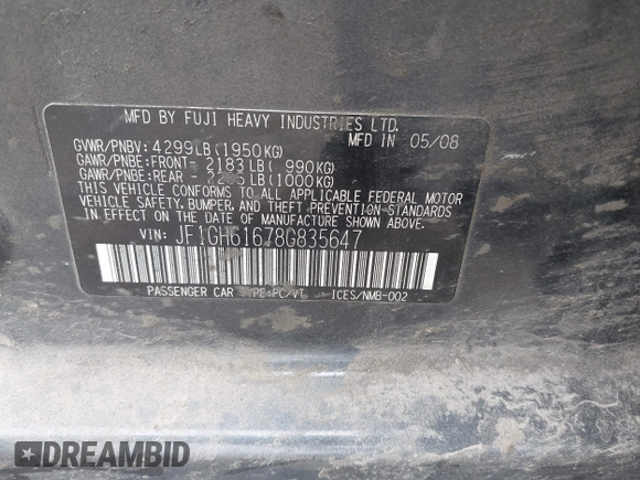 2008 Subaru Impreza i с VIN JF1GH61678G835647, выставлен на аукционе IAAI как лот 42368578 с пробегом 157 928 миль миль и . История ставок и продаж доступна на DreamBid. Изображение 9.