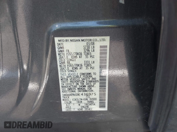 2008 Nissan Frontier SE with VIN 1N6AD09U18C436975, listed as a IAAI auction lot 42196434 with 149,689 mi miles and . Bid and sale history available at DreamBid. Image 9.