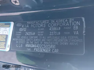 2012 Kia Optima Hybrid with VIN KNAGM4AD2C5015891, listed as a IAAI auction lot 41981424 with 158,956 mi miles. Bid and sale history available at carsss.com. Image 9.