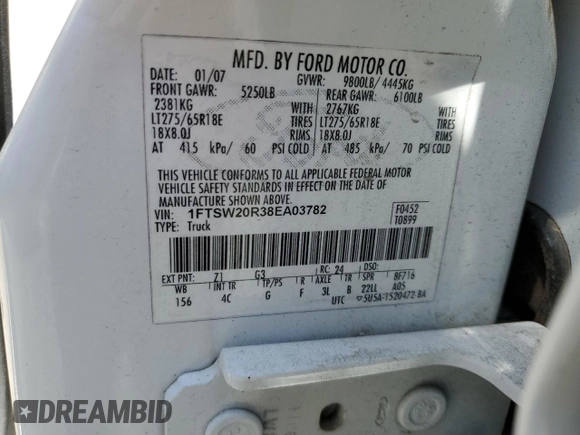 2008 Ford F-250 XL with VIN 1FTSW20R38EA03782, listed as a Copart auction lot 54895085 with 142,357 mi miles and Salvage title. Bid and sale history available at DreamBid. Image 12.
