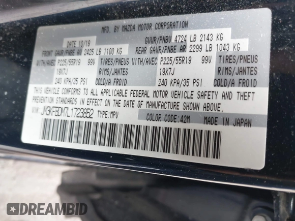 2020 Mazda CX-5 Grand Touring with VIN JM3KFBDM7L1723852, listed as a IAAI auction lot 41848152 with 85,099 mi miles. Bid and sale history available at carsss.com. Image 9.