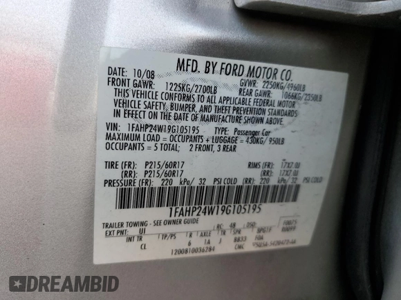 2009 Ford Taurus SEL with VIN 1FAHP24W19G105195, listed as a Copart auction lot 45127774 with 205,775 mi miles and Salvage Title. Bid and sale history available at carsss.com. Image 12.