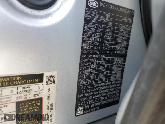 2019 Land Rover Range Rover Velar S z VIN SALYB2EX3KA799356, wystawiony jako Copart lot #61948515 z przebiegiem 77 622 mil mil oraz Szkoda całkowita • Salvage title. Historia ofert i sprzedaży dostępna na DreamBid. Obrazek 13.
