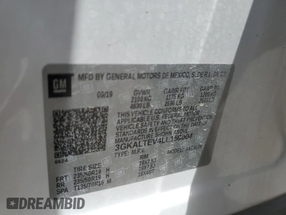 2020 GMC Terrain SLE z VIN 3GKALTEV4LL159004, wystawiony jako Copart lot #55694315 z przebiegiem 18 644 mil mil oraz Szkoda całkowita • Salvage title. Historia ofert i sprzedaży dostępna na DreamBid. Obrazek 13.