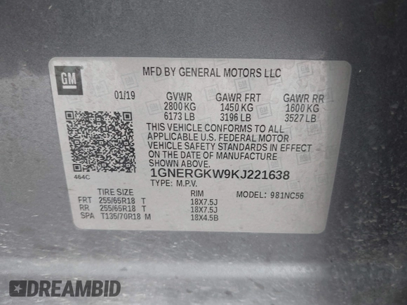 2019 Chevrolet Traverse LT Cloth with VIN 1GNERGKW9KJ221638, listed as a IAAI auction lot 41913049 with 151,632 mi miles. Bid and sale history available at carsss.com. Image 9.