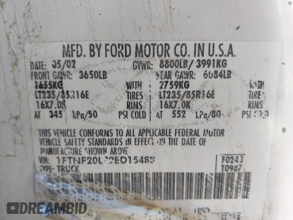 2002 Ford F-250 XL z VIN 1FTNF20L72ED15488, wystawiony jako IAAI lot #41626743 z przebiegiem 282 415 mil mil oraz . Historia ofert i sprzedaży dostępna na DreamBid. Obrazek 9.