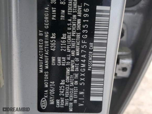 2015 Kia Optima LX with VIN 5XXGM4A75FG351967, listed as a Copart auction lot 49846325 with 147,562 mi miles and Salvage Title. Bid and sale history available at carsss.com. Image 12.