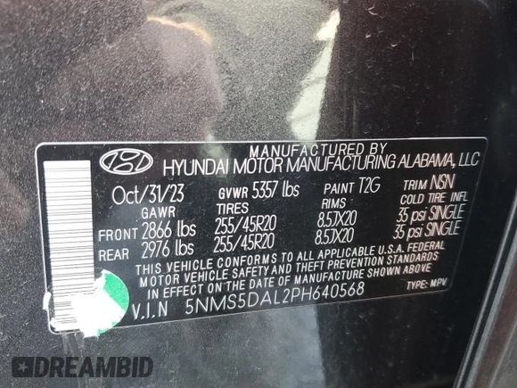 2023 Hyundai Santa Fe Calligraphy with VIN 5NMS5DAL2PH640568, listed as a Copart auction lot 45269215 with 19,962 mi miles and Salvage Title. Bid and sale history available at carsss.com. Image 12.