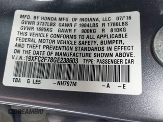2016 Honda Civic Sedan EX with VIN 19XFC2F78GE238603, listed as a IAAI auction lot 41915703 with 173,871 mi miles. Bid and sale history available at carsss.com. Image 9.