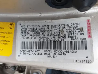 2002 Lexus ES 300 z VIN JTHBF30G720057657, wystawiony jako IAAI lot #42532340 z przebiegiem 247 680 mil mil oraz . Historia ofert i sprzedaży dostępna na DreamBid. Obrazek 9.