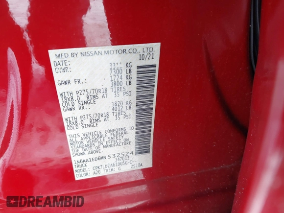 2021 Nissan Titan Pro-4X with VIN 1N6AA1ED6MN532524, listed as a IAAI auction lot 41225606 with 44,225 mi miles and . Bid and sale history available at DreamBid. Image 9.
