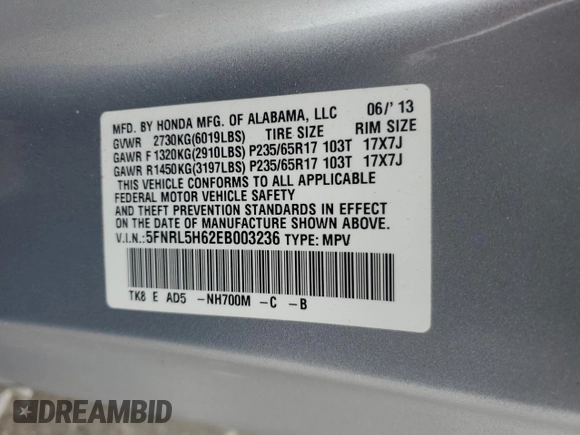 2014 Honda Odyssey EX-L with VIN 5FNRL5H62EB003236, listed as a Copart auction lot 63342255 with 147,398 mi miles and Salvage title. Bid and sale history available at DreamBid. Image 13.