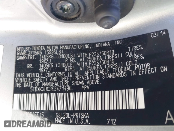 2014 Toyota Sienna SE with VIN 5TDXK3DC3ES471496, listed as a IAAI auction lot 41665914 with Not Provided miles and . Bid and sale history available at DreamBid. Image 9.