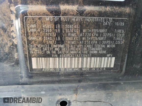 2010 Subaru Outback Limited Power Moon with VIN 4S4BRCKC1A3339417, listed as a Copart auction lot 54914835 with 174,208 mi miles and Salvage title. Bid and sale history available at DreamBid. Image 13.