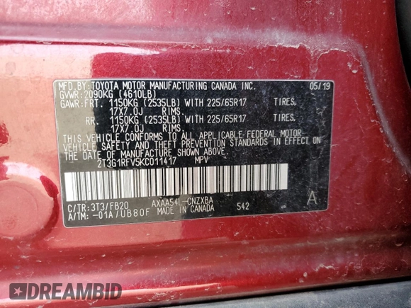 2019 Toyota RAV4 LE with VIN 2T3G1RFV5KC011417, listed as a Copart auction lot 50394495 with 116,687 mi miles and Salvage Title. Bid and sale history available at DreamBid. Image 15.