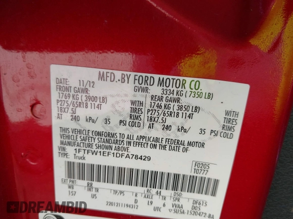 2013 Ford F-150 XL with VIN 1FTFW1EF1DFA78429, listed as a IAAI auction lot 41119527 with 280,736 mi miles. Bid and sale history available at carsss.com. Image 9.