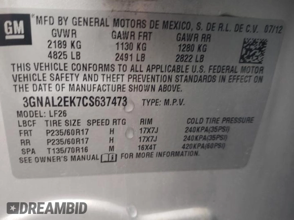 2012 Chevrolet Captiva Sport LS with VIN 3GNAL2EK7CS637473, listed as a Copart auction lot 51618245 with 92,708 mi miles and Salvage Title. Bid and sale history available at DreamBid. Image 13.