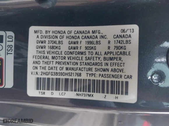 2013 Honda Civic Cpe LX with VIN 2HGFG3B59DH521768, listed as a IAAI auction lot 41231533 with 256,349 mi miles. Bid and sale history available at carsss.com. Image 9.