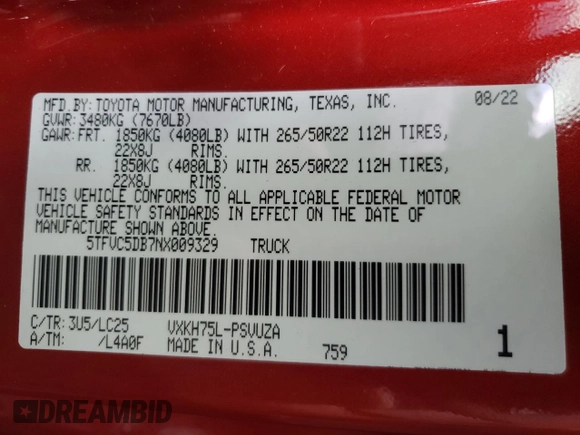 2022 Toyota Tundra Capstone Hybrid z VIN 5TFVC5DB7NX009329, wystawiony jako Copart lot #36216833 z przebiegiem 3 226 mil mil oraz . Historia ofert i sprzedaży dostępna na DreamBid. Obrazek 14.