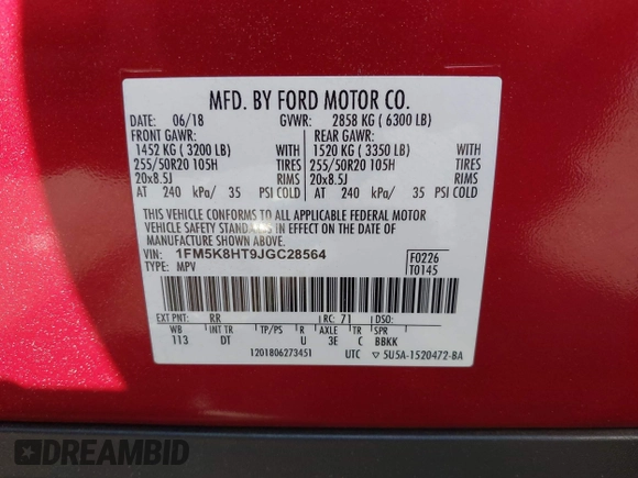 2018 Ford Explorer Platinum with VIN 1FM5K8HT9JGC28564, listed as a IAAI auction lot 41410150 with 56,189 mi miles and . Bid and sale history available at DreamBid. Image 9.