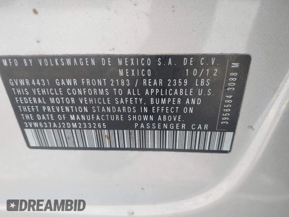 2013 Volkswagen Jetta Hybrid SEL with VIN 3VW637AJ2DM233265, listed as a IAAI auction lot 42746158 with 105,779 mi miles and . Bid and sale history available at DreamBid. Image 9.