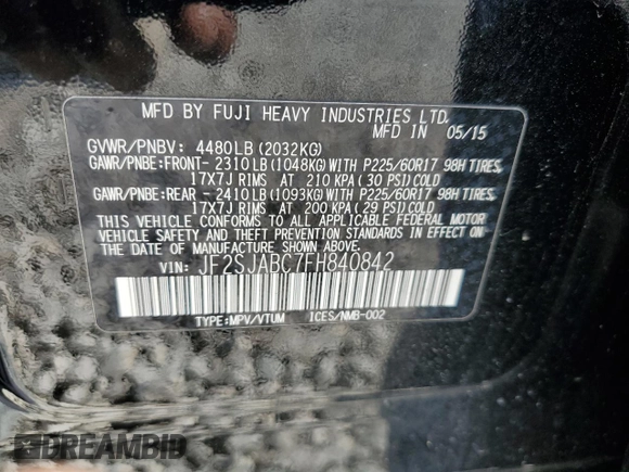 2015 Subaru Forester 2.5i with VIN JF2SJABC7FH840842, listed as a Copart auction lot 53684745 with 98,003 mi miles and Salvage Title. Bid and sale history available at DreamBid. Image 14.