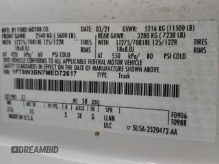 2021 Ford F-350 XL with VIN 1FT8W3BN7MED72617, listed as a Copart auction lot 61134705 with 95,600 mi miles and Salvage title. Bid and sale history available at DreamBid. Image 12.