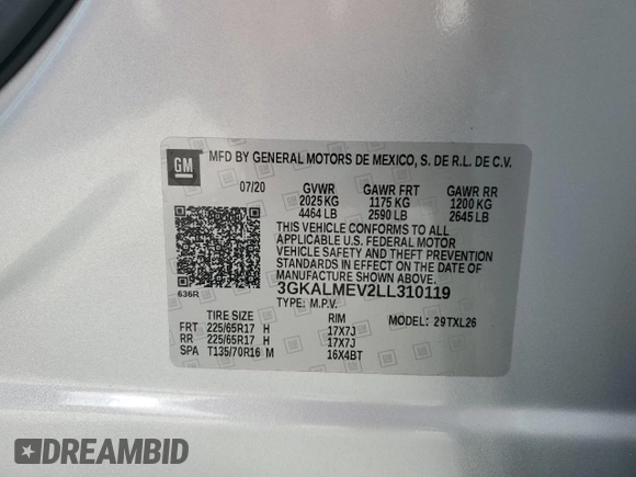 2020 GMC Terrain SLE with VIN 3GKALMEV2LL310119, listed as a Copart auction lot 49247265 with 77,114 mi miles and Salvage Title. Bid and sale history available at DreamBid. Image 13.